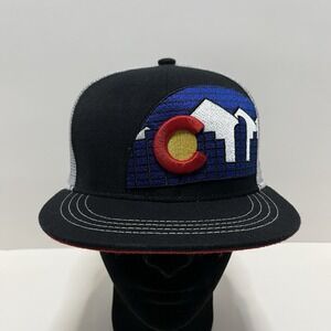 Aksels Colorado Flag Skyline Trucker Hat Black White Mesh Snapback Flat Bill Cap